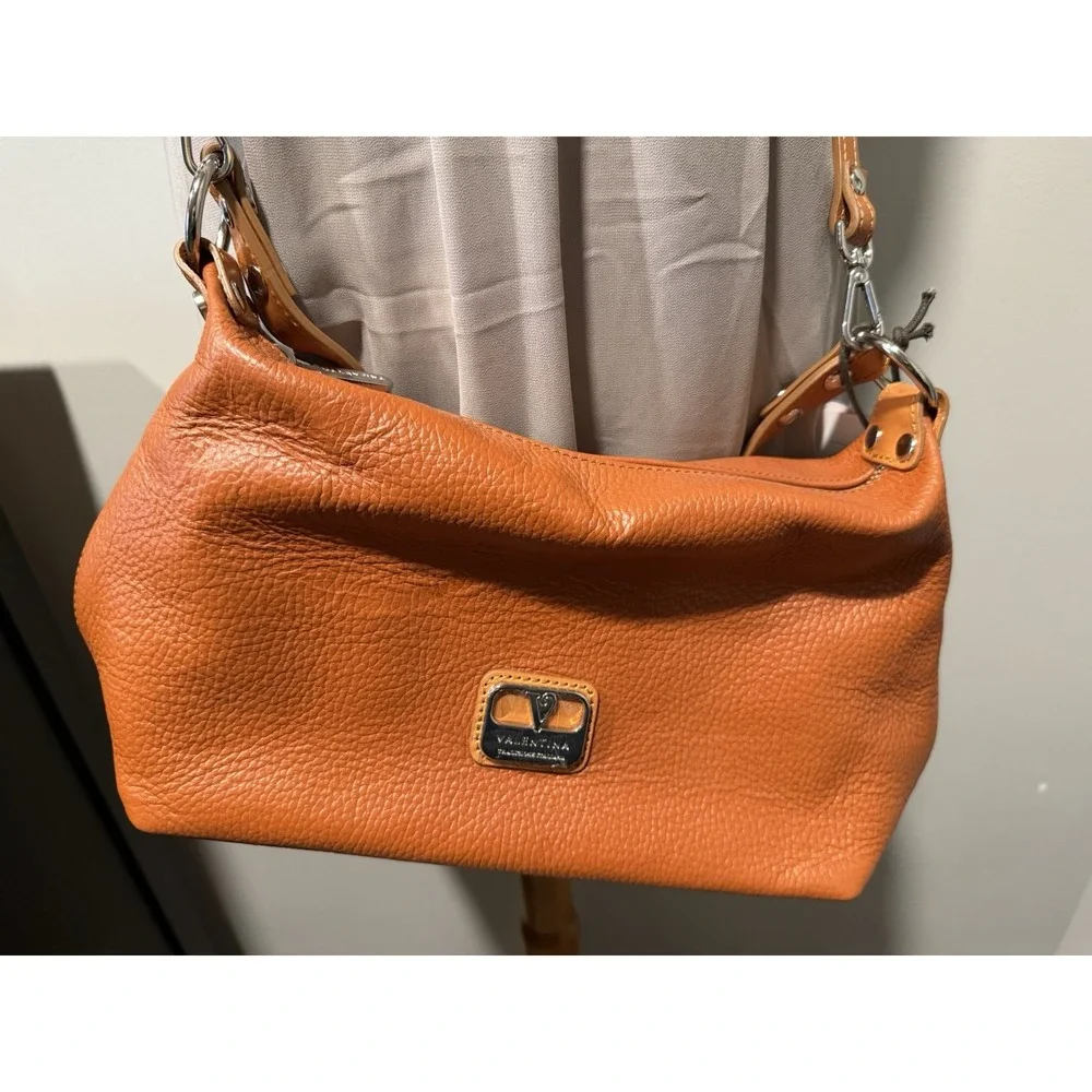 Valentina Crossbody Bag Women Small Cognac Orange Pebbled Leather Italian 4670